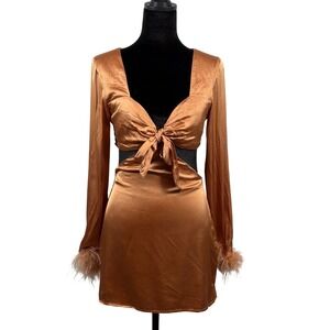 Revolve x Camila Coelho Krista Tie Front Feather Sleeve Gold Satin Mini Dress Sm